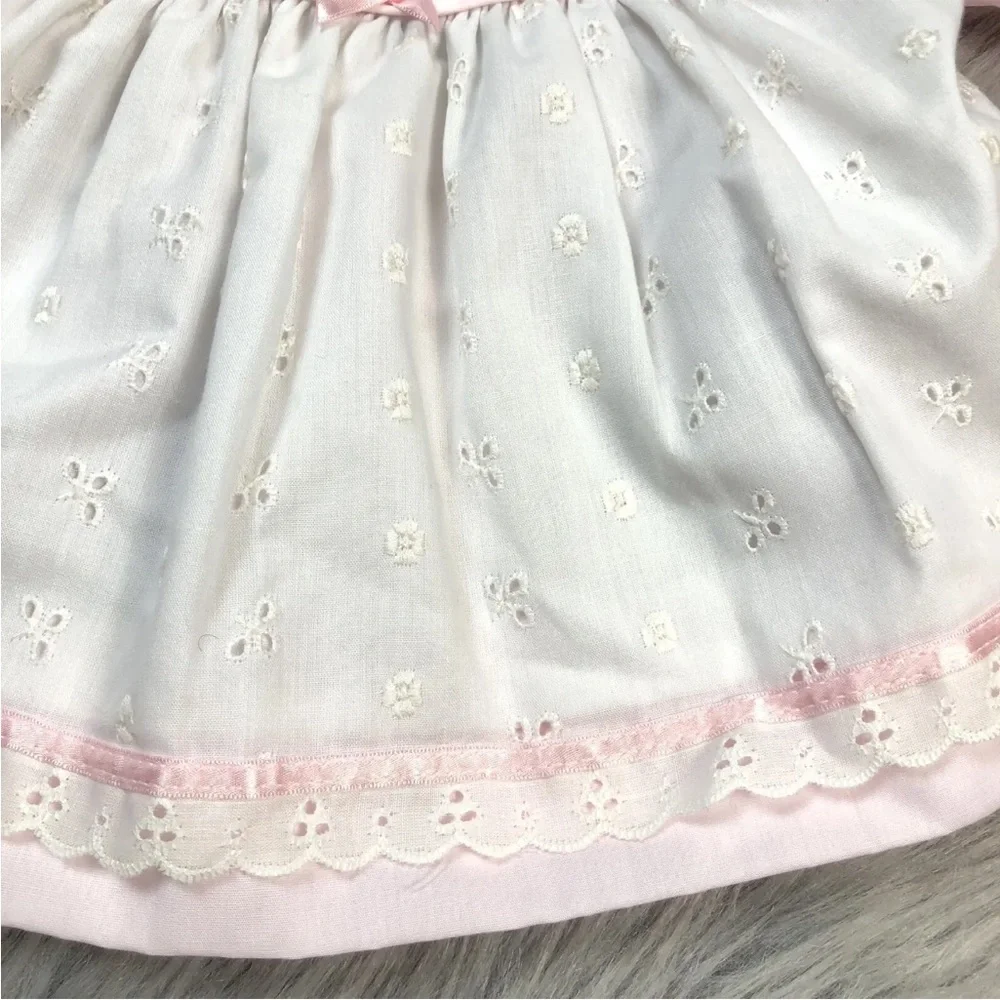 Vintage Baby Girls White Pink Eyelet Bow Ruffle Long Sleeve Dress
